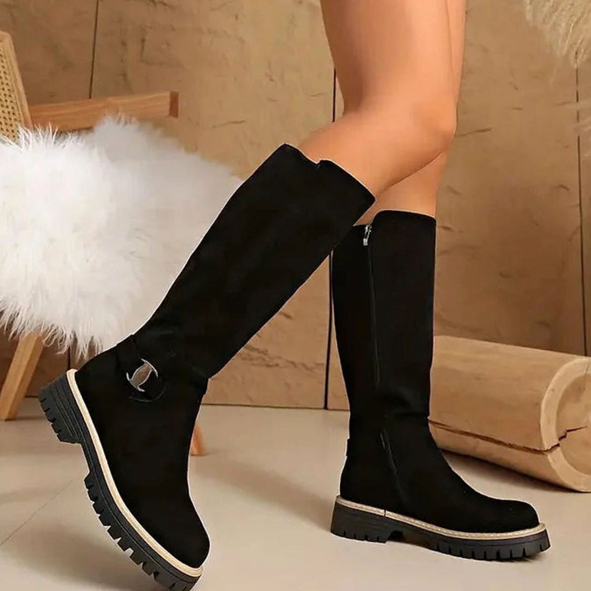 Women knee high boots with gold buckle and chunky sole side zip closure