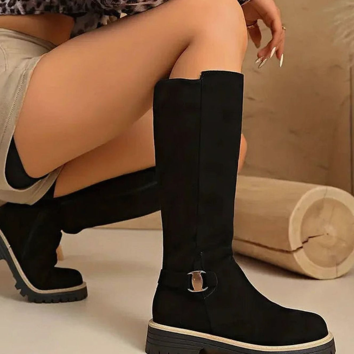 Women knee high boots with gold buckle and chunky sole side zip closure