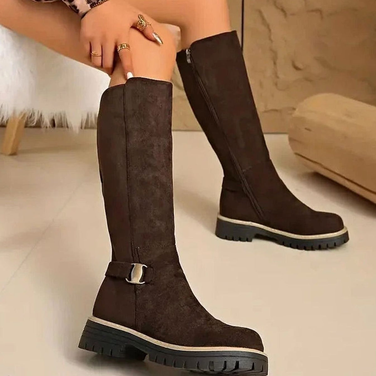 Women knee high boots with gold buckle and chunky sole side zip closure