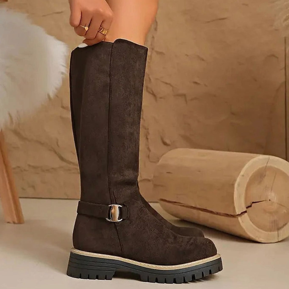 Women knee high boots with gold buckle and chunky sole side zip closure
