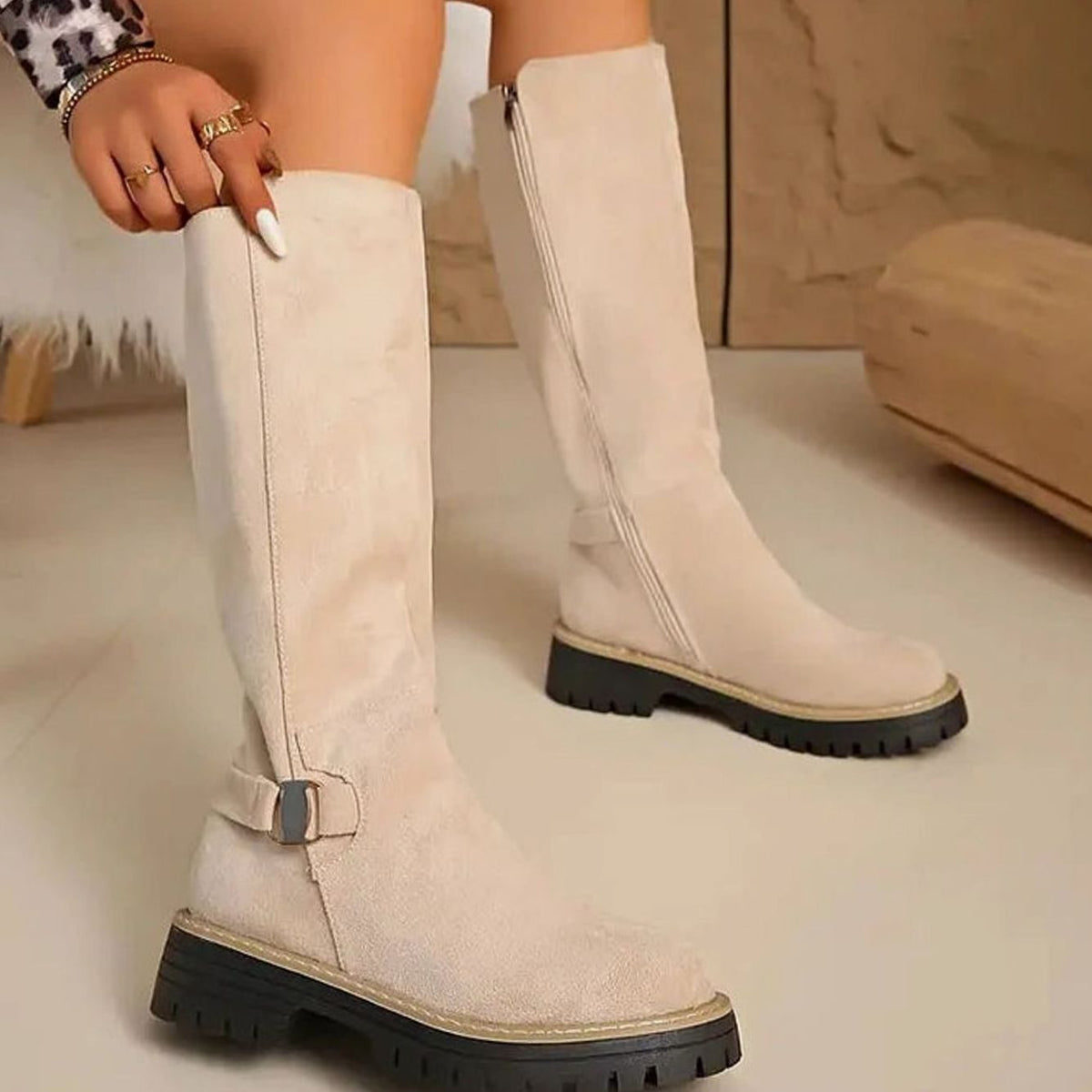 Women knee high boots with gold buckle and chunky sole side zip closure