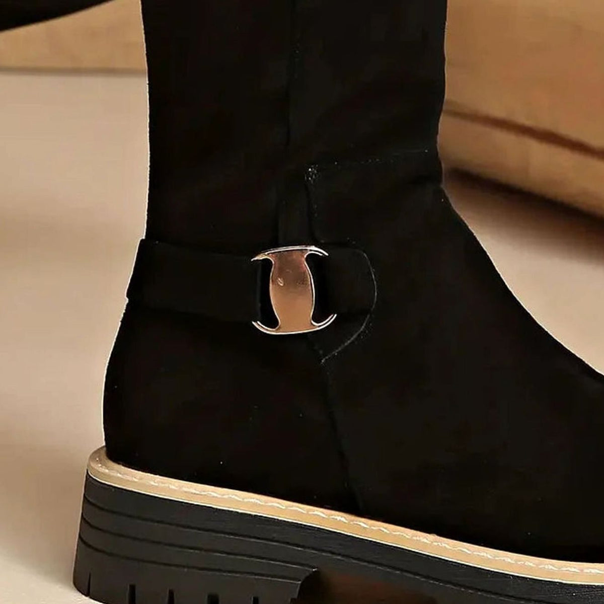 Women knee high boots with gold buckle and chunky sole side zip closure
