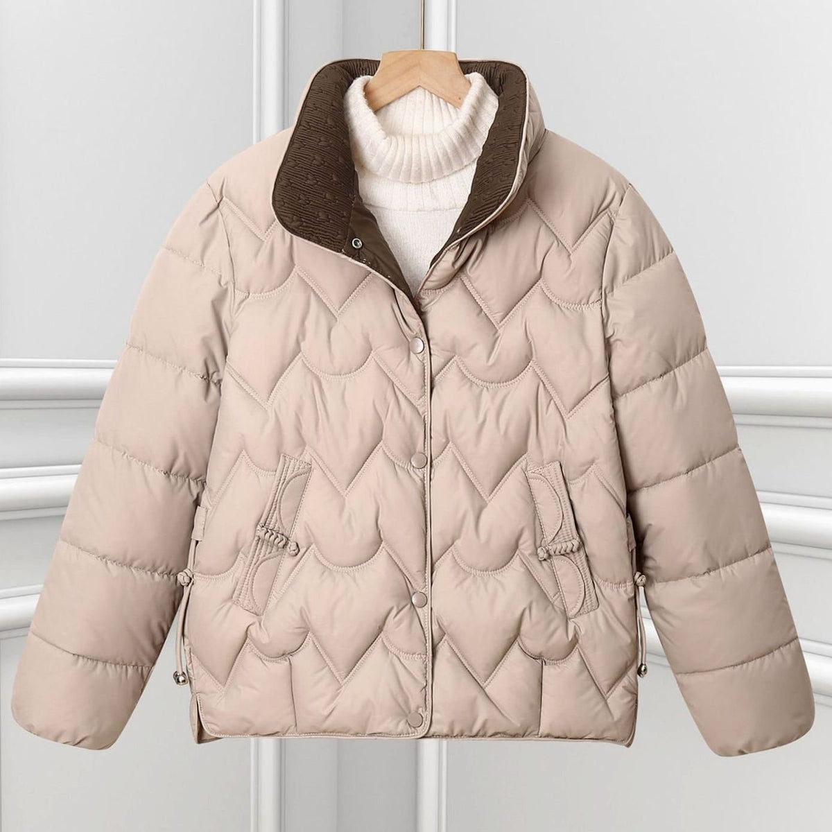 Women short quilted puffer jacket with arc quilting and stand collar