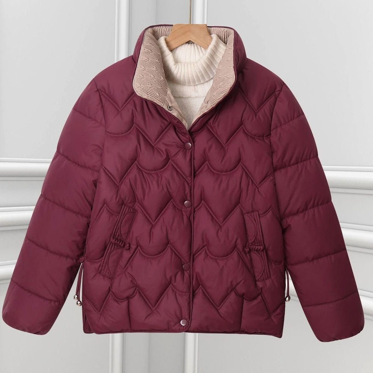 Women short quilted puffer jacket with arc quilting and stand collar