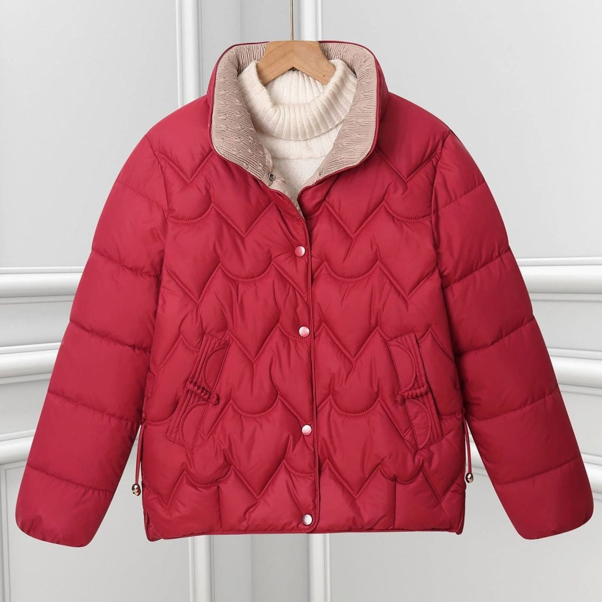 Women short quilted puffer jacket with arc quilting and stand collar