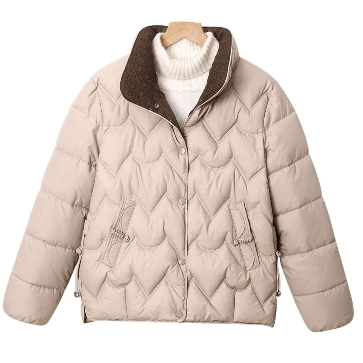 Women short quilted puffer jacket with arc quilting and stand collar