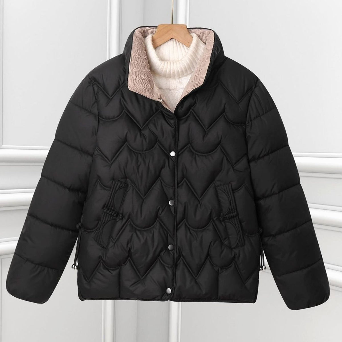 Women short quilted puffer jacket with arc quilting and stand collar