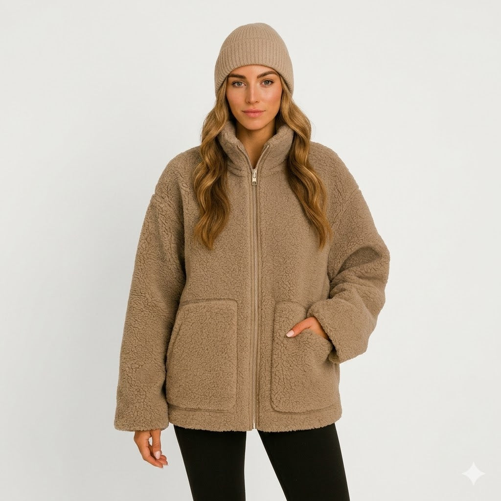 Women fluffy teddy zip up jacket with high neck oversized fit