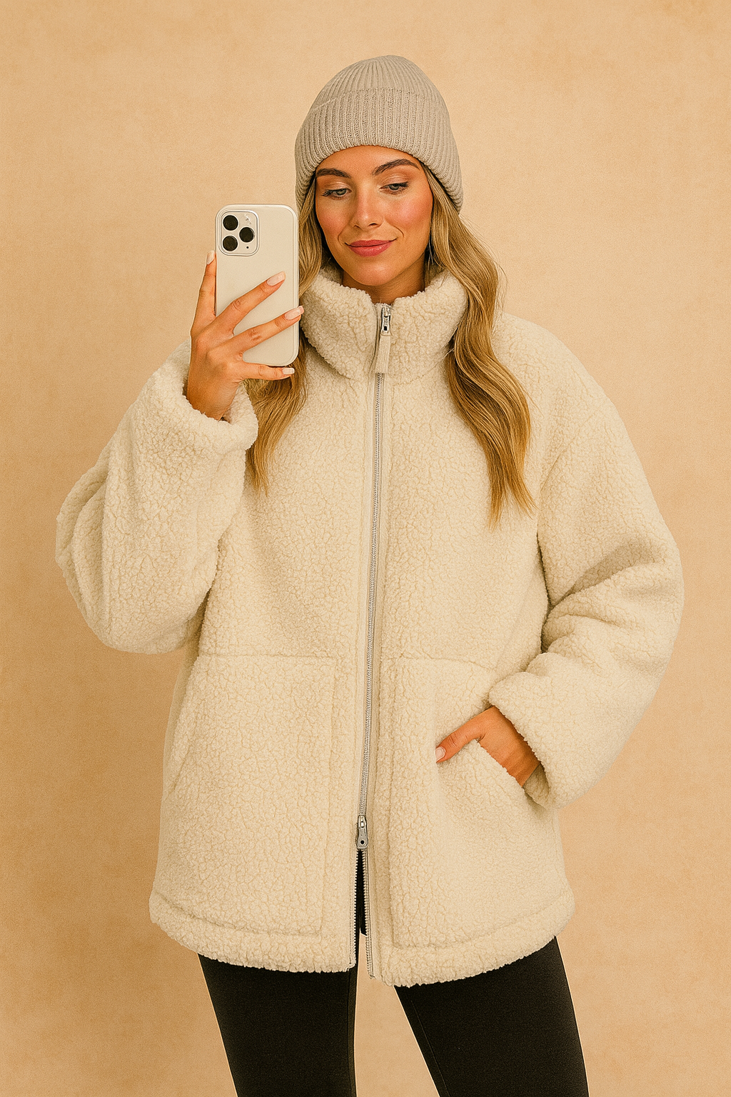 Women fluffy teddy zip up jacket with high neck oversized fit