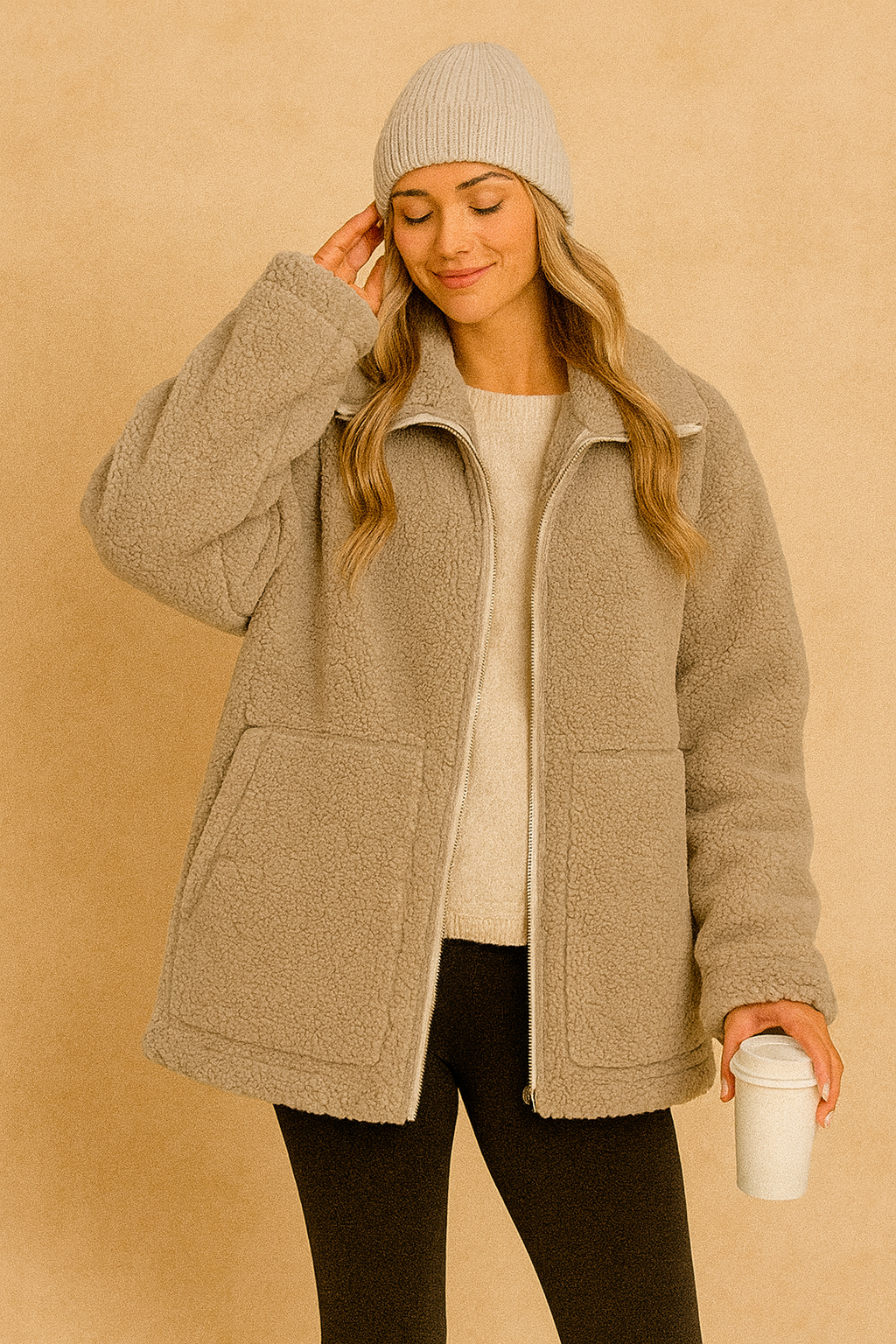 Women fluffy teddy zip up jacket with high neck oversized fit