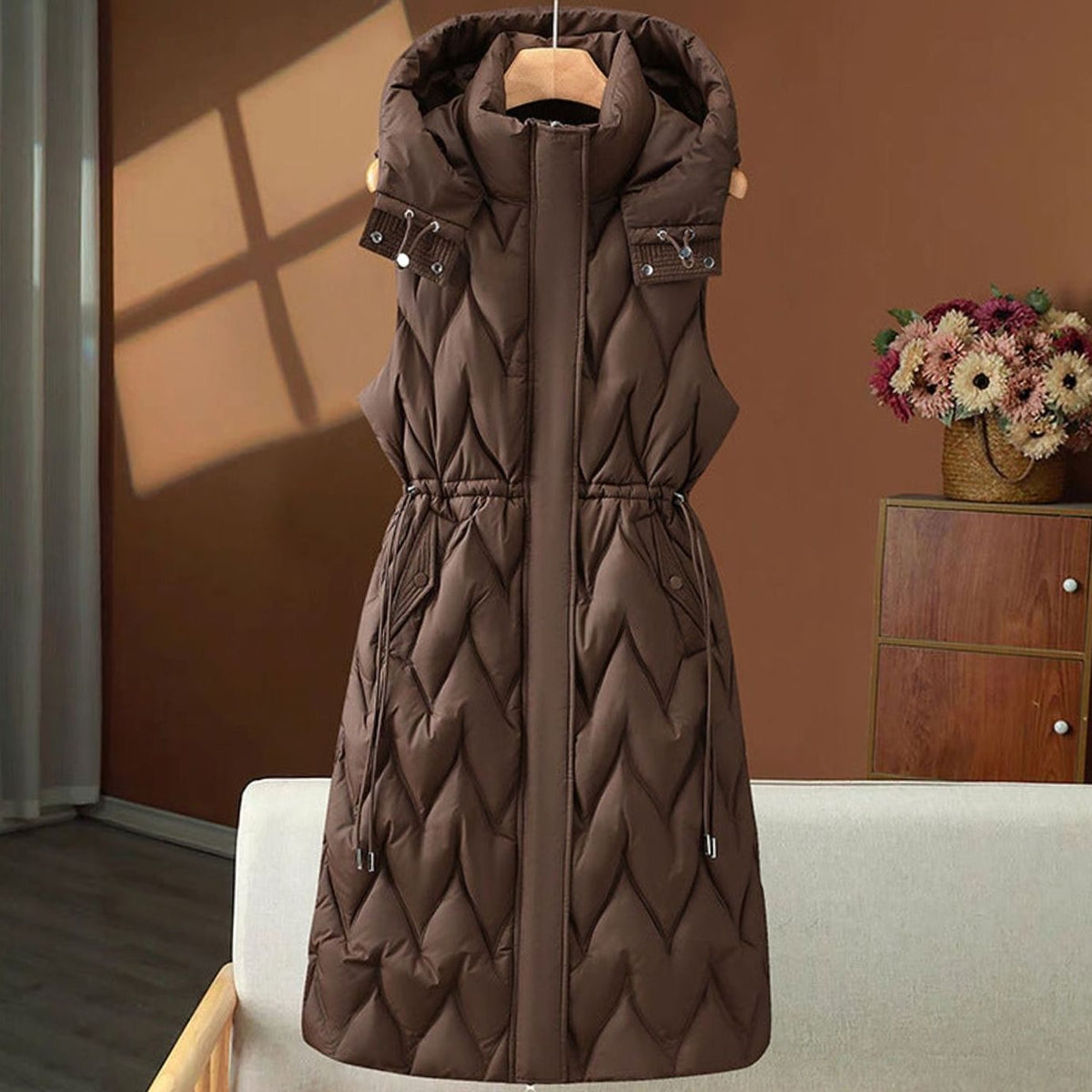Women long quilted hooded gilet with drawstring waist in maxi length
