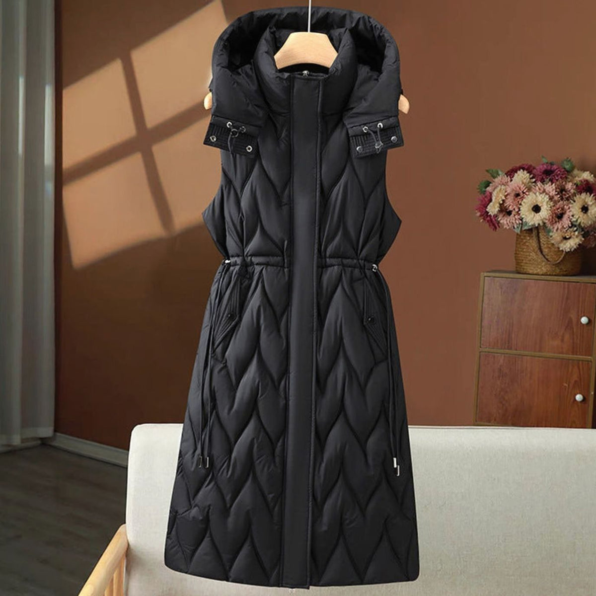 Women long quilted hooded gilet with drawstring waist in maxi length