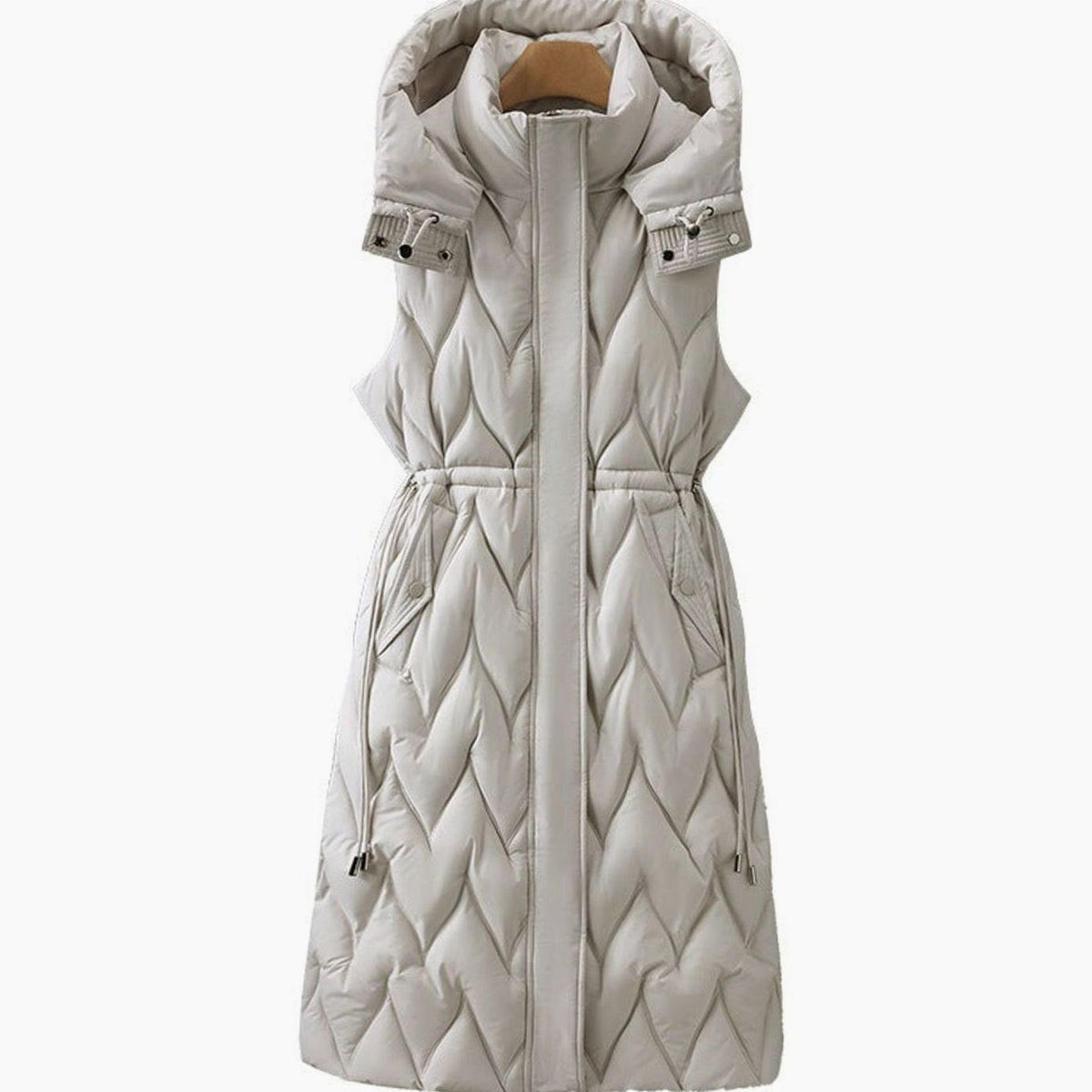 Women long quilted hooded gilet with drawstring waist in maxi length