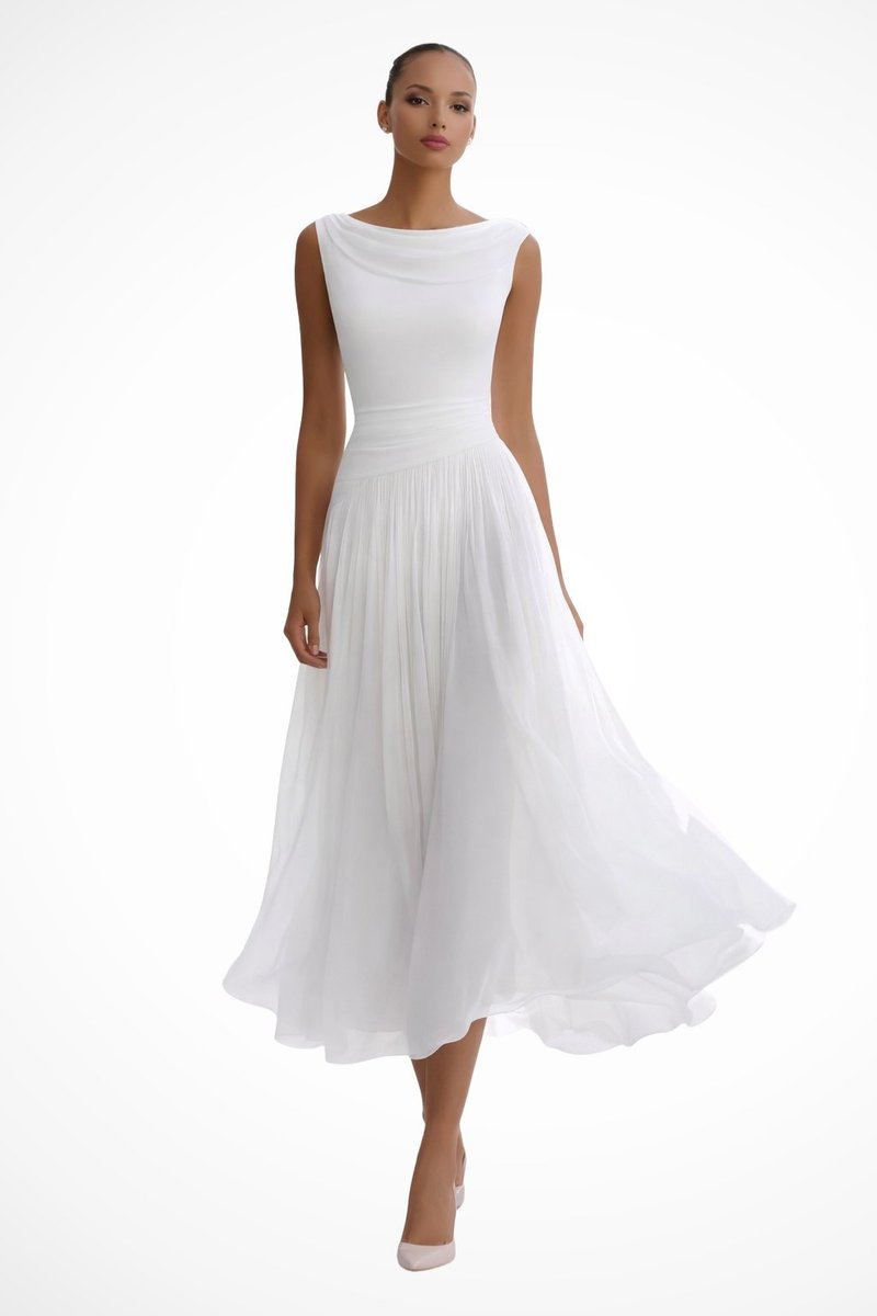 Women sleeveless A-line midi dress with cowl neck and pleated skirt