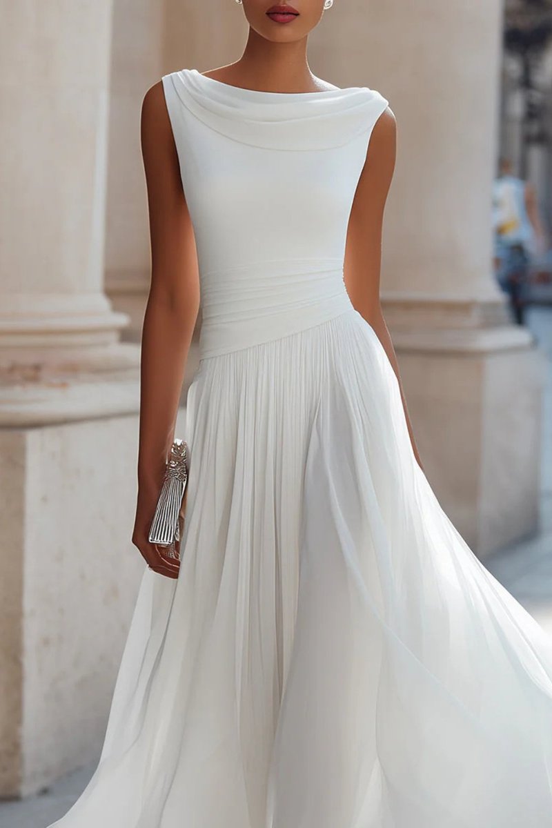 Women sleeveless A-line midi dress with cowl neck and pleated skirt