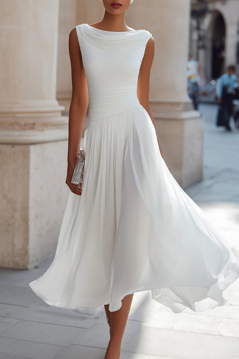 Women sleeveless A-line midi dress with cowl neck and pleated skirt