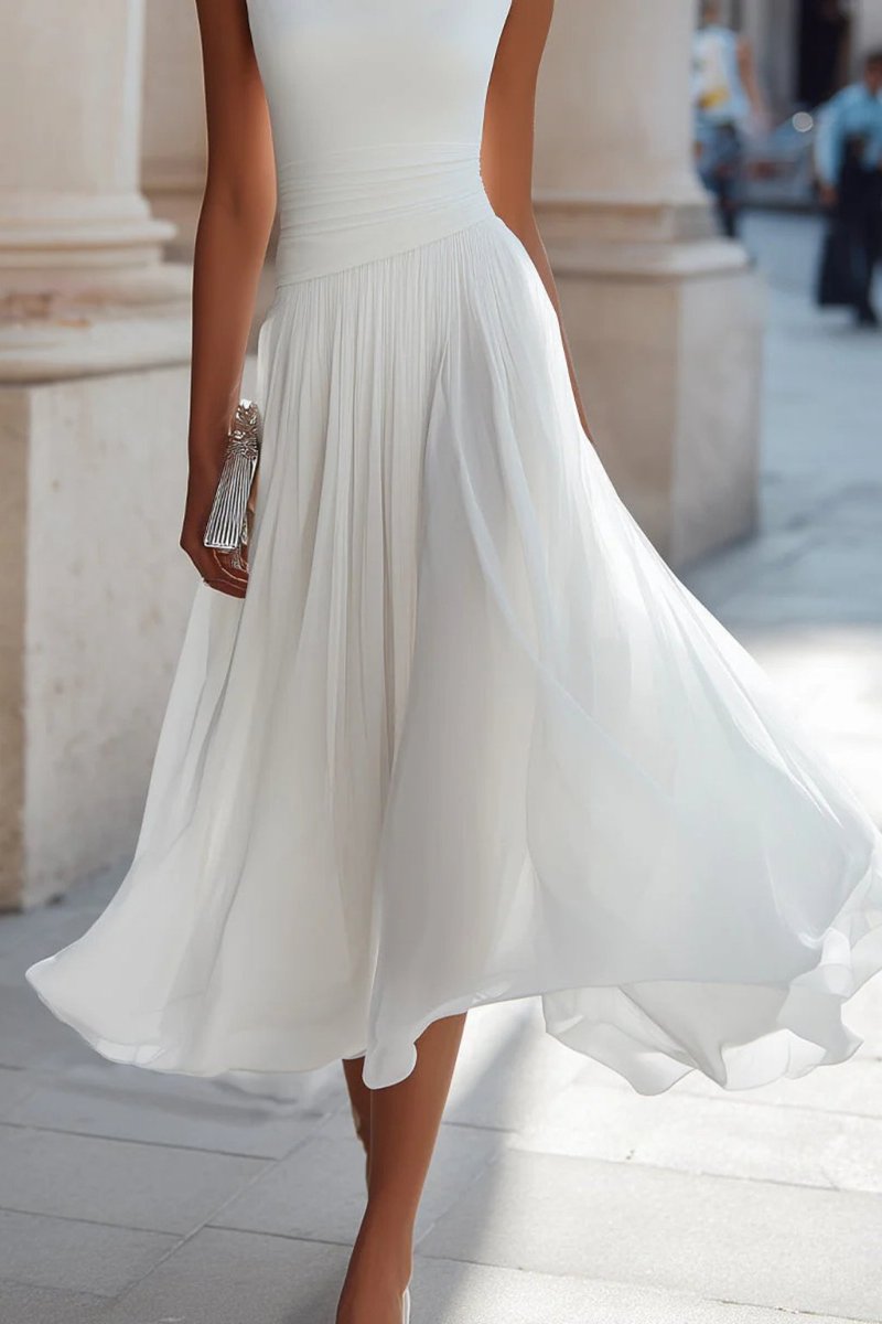 Women sleeveless A-line midi dress with cowl neck and pleated skirt
