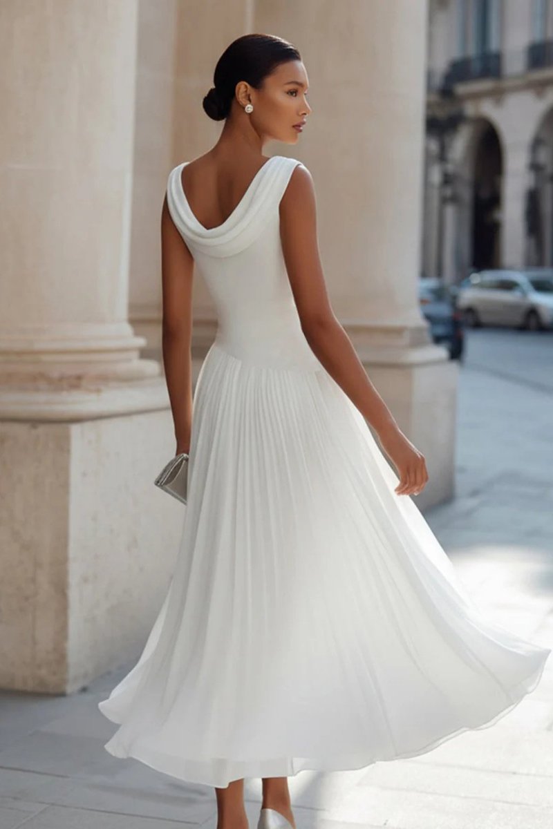 Women sleeveless A-line midi dress with cowl neck and pleated skirt