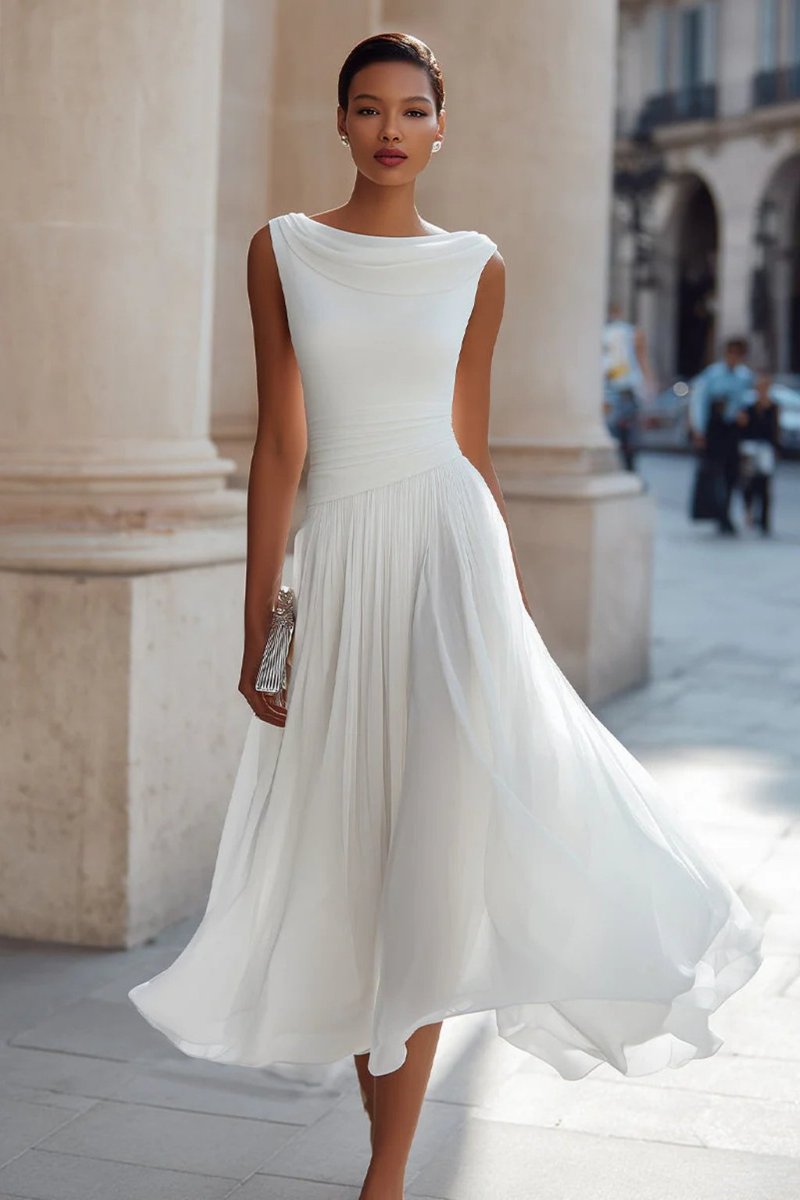 Women sleeveless A-line midi dress with cowl neck and pleated skirt