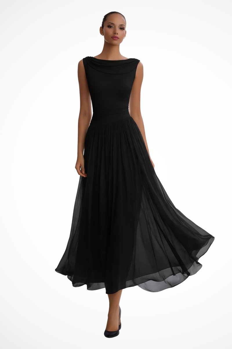 Women sleeveless A-line midi dress with cowl neck and pleated skirt