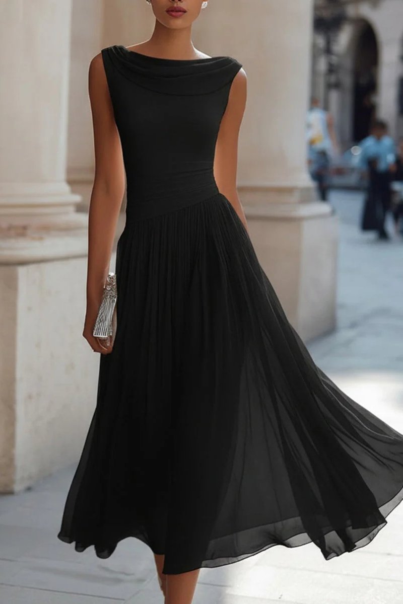 Women sleeveless A-line midi dress with cowl neck and pleated skirt
