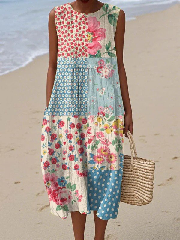 Women sleeveless patchwork floral midi dress relaxed fit