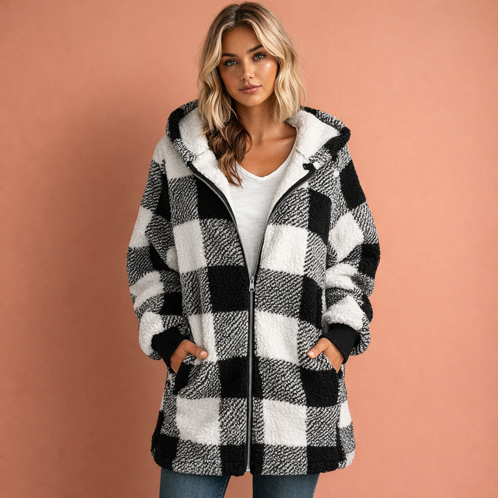 Plaid hooded jacket women with warm lining, casual autumn winter style