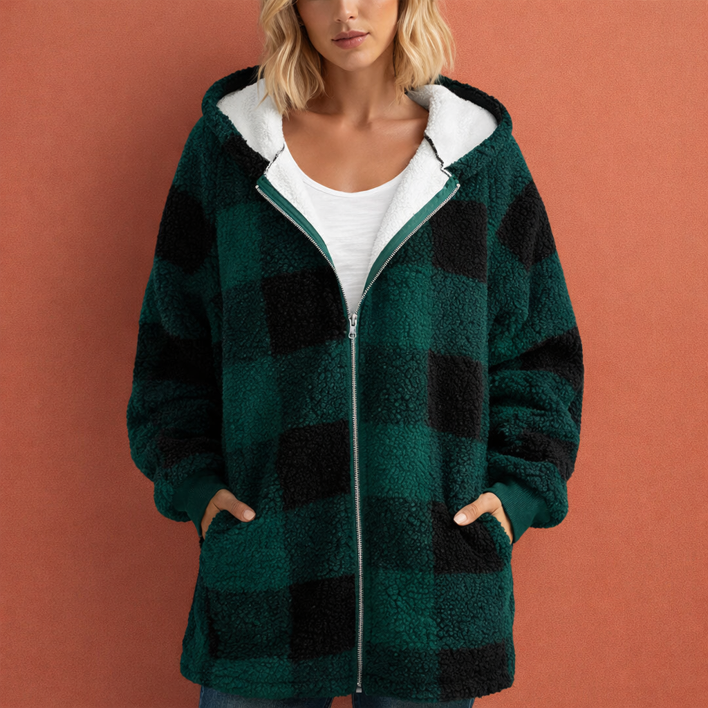 Plaid hooded jacket women with warm lining, casual autumn winter style