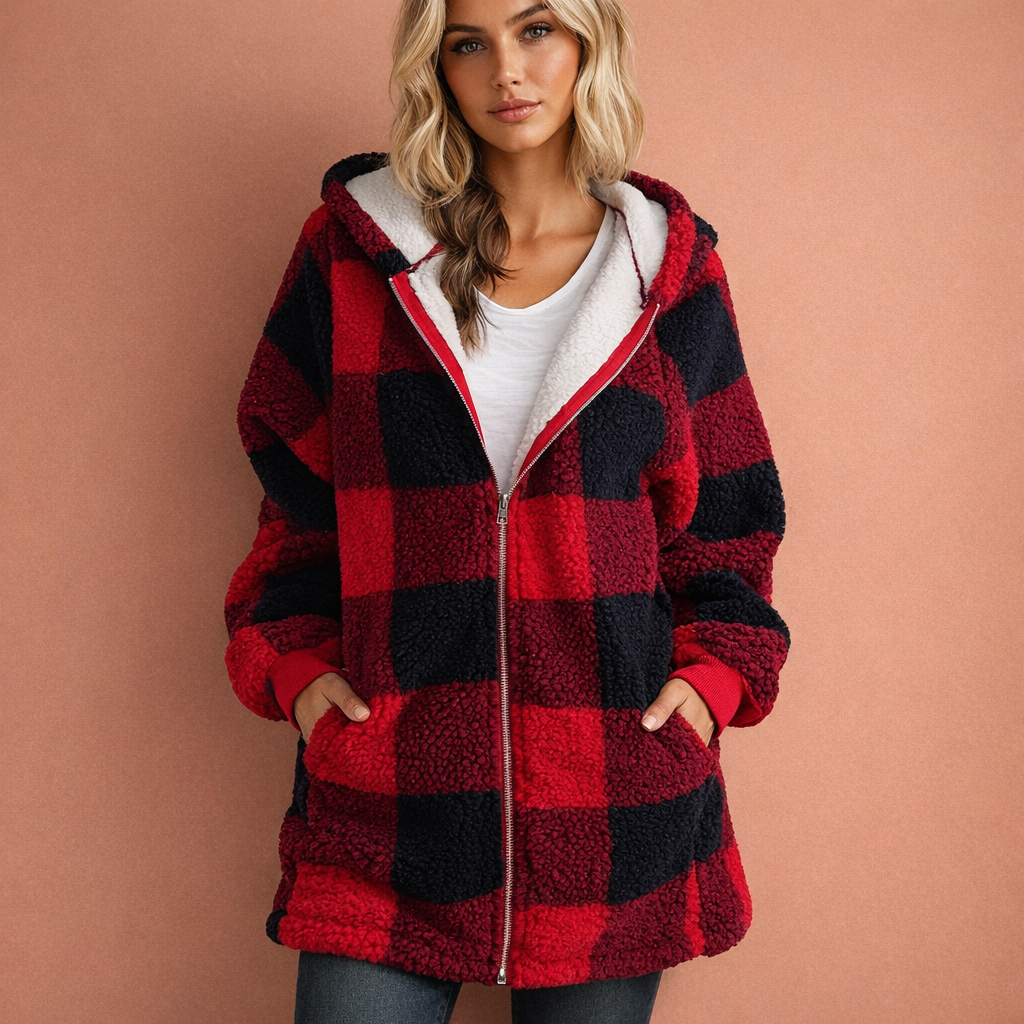 Plaid hooded jacket women with warm lining, casual autumn winter style
