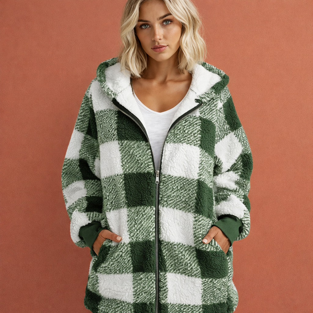 Plaid hooded jacket women with warm lining, casual autumn winter style