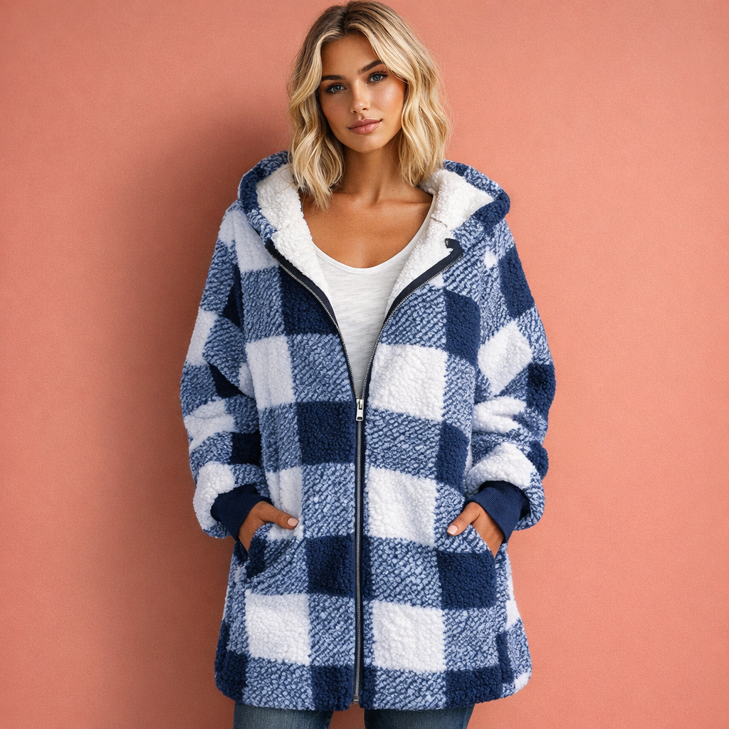Plaid hooded jacket women with warm lining, casual autumn winter style