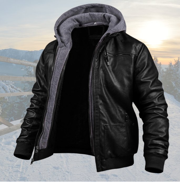 Men's bomber jacket hooded with full zip front and leather-look finish