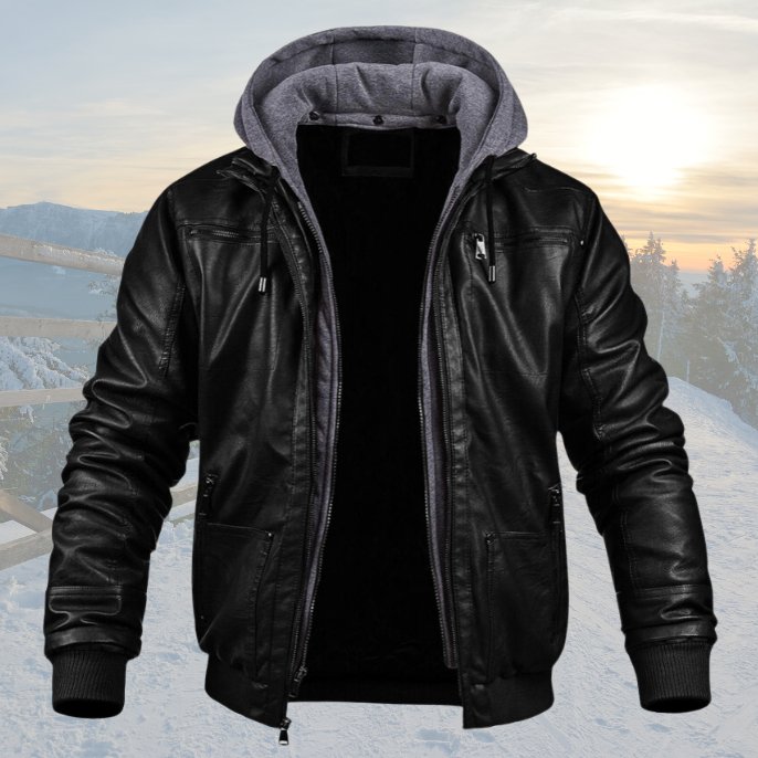 Men's bomber jacket hooded with full zip front and leather-look finish