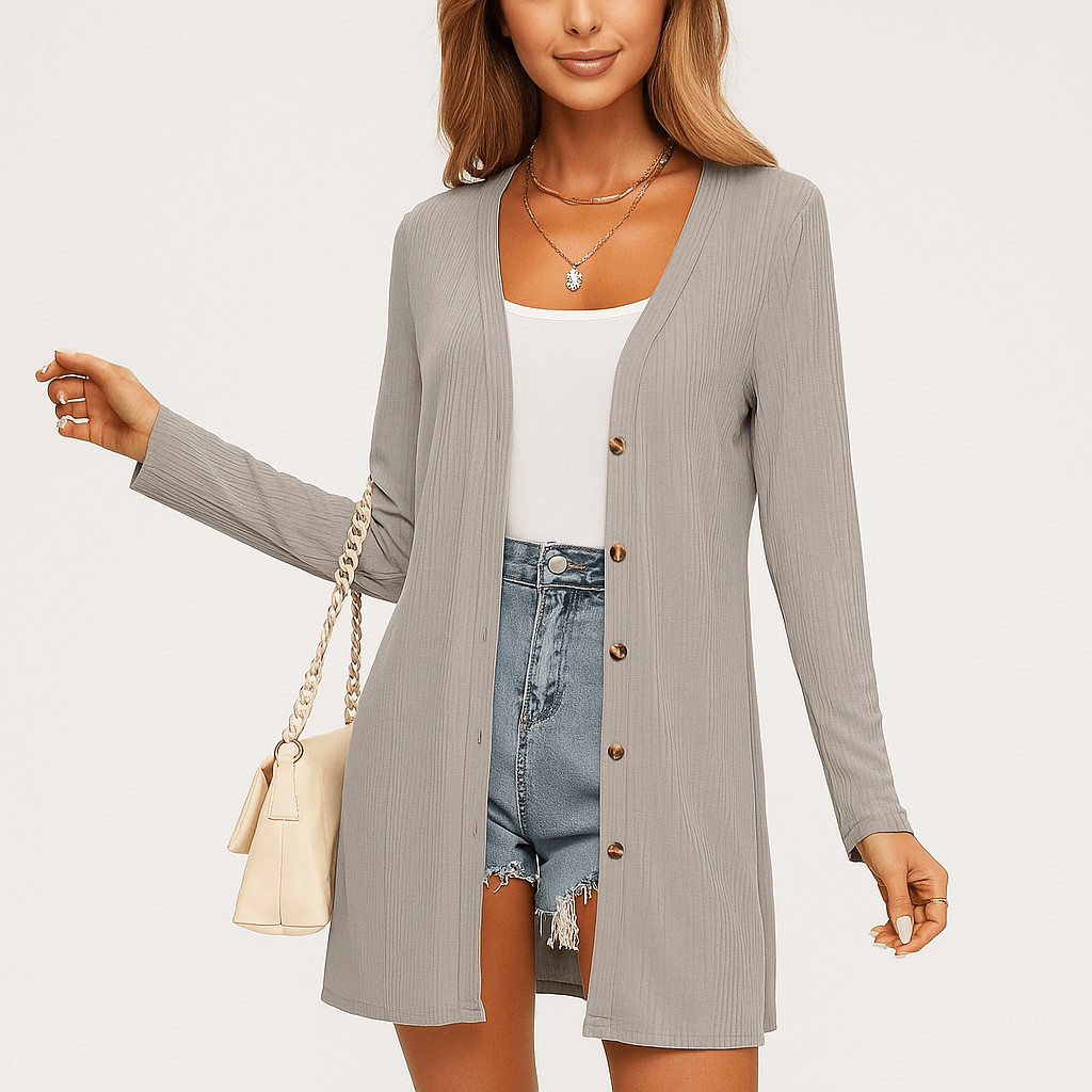 Women's Long Sleeve Cardigan - Button Front - Textured Design