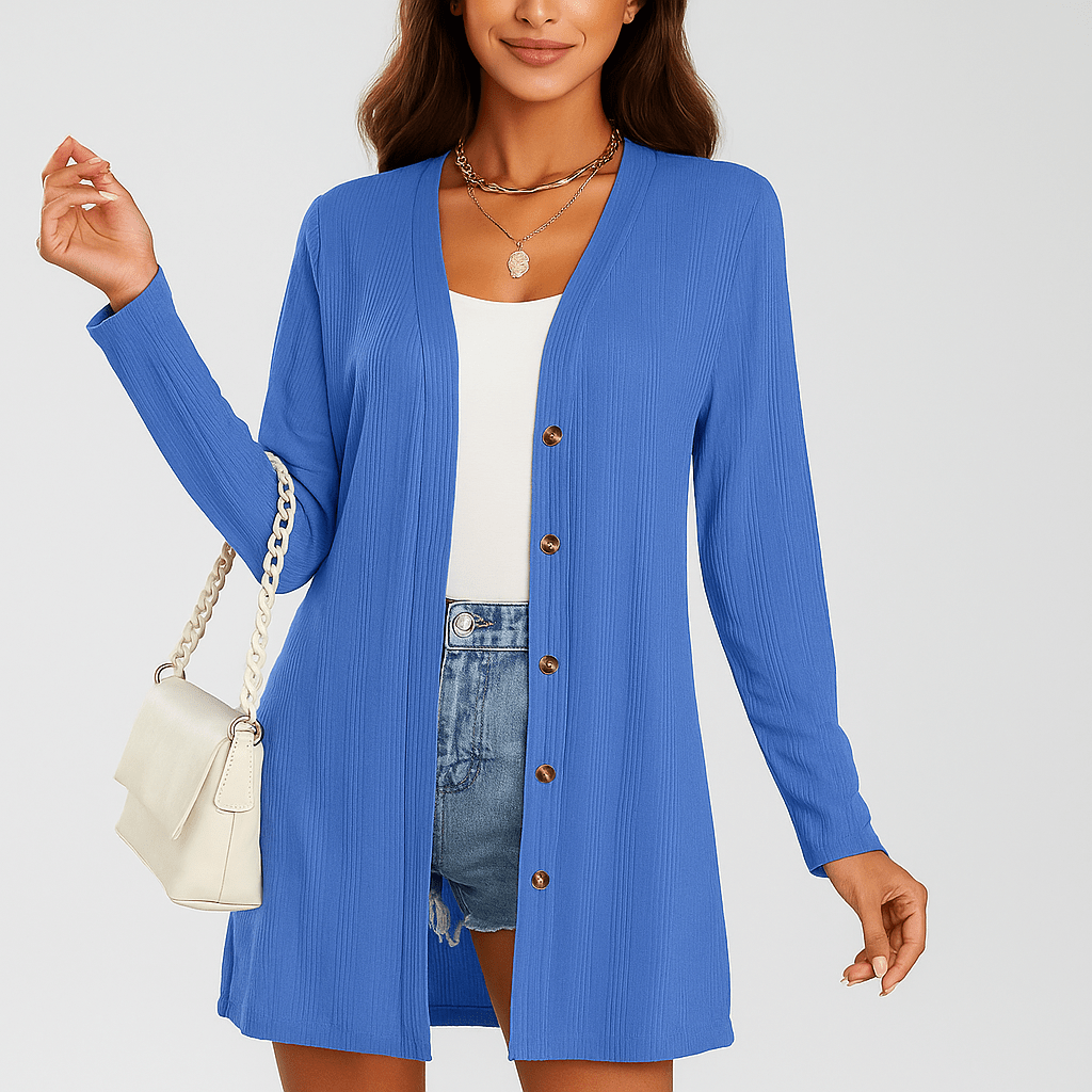 Women's Long Sleeve Cardigan - Button Front - Textured Design