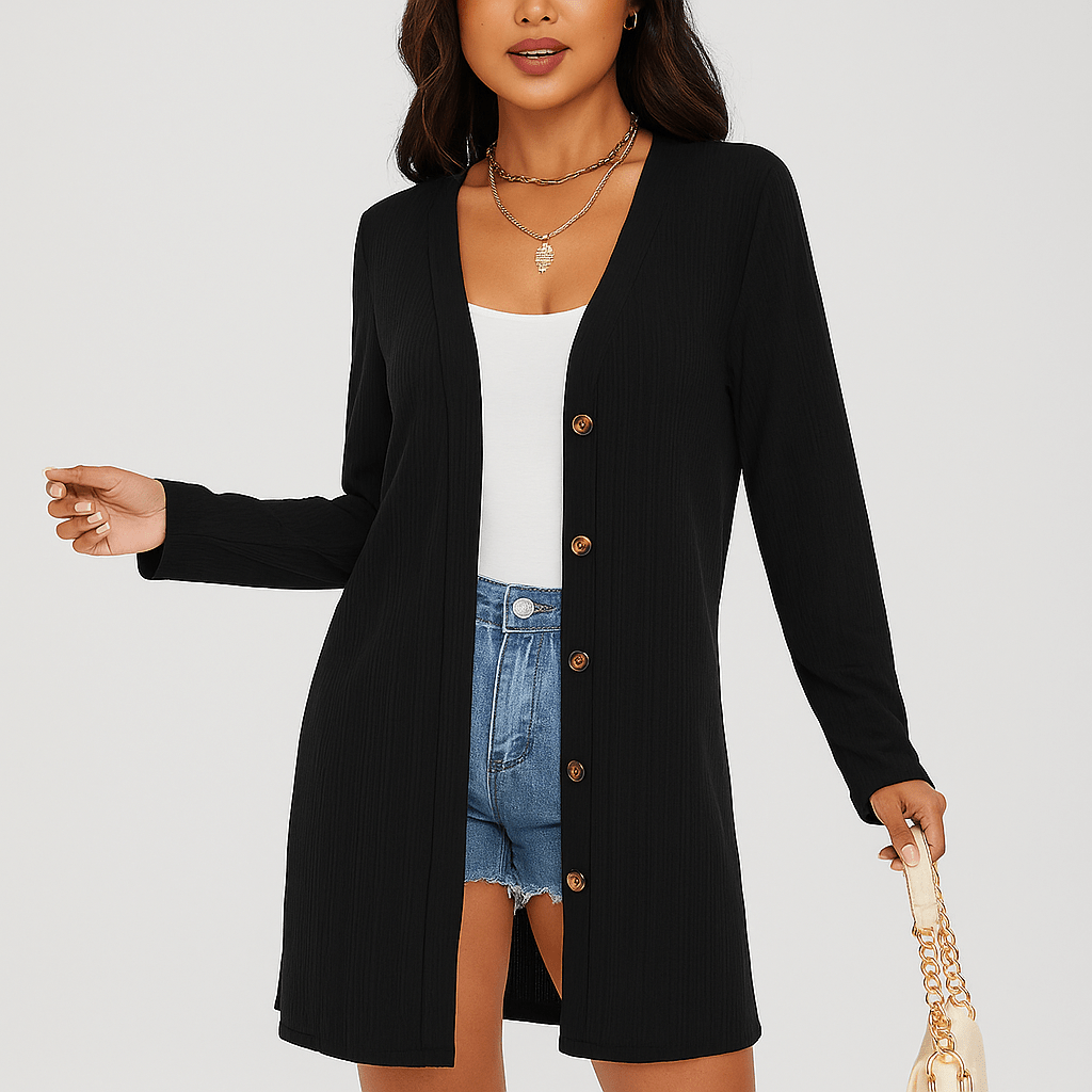 Women's Long Sleeve Cardigan - Button Front - Textured Design