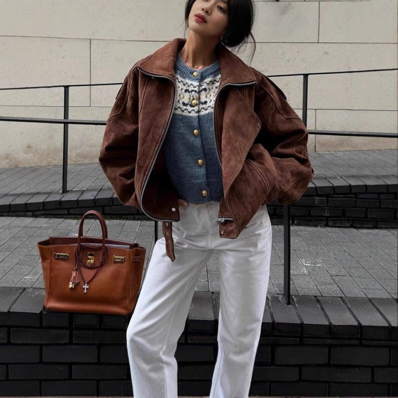 Oversized Bomber Jacket Women | Brown Suede, Asymmetric Zip