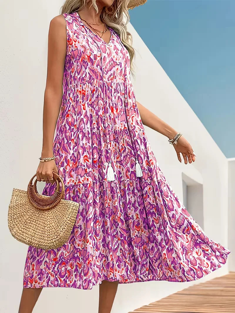 Linen Loose Summer Dress | Bohemian A-Line, V-Neck | Colorful