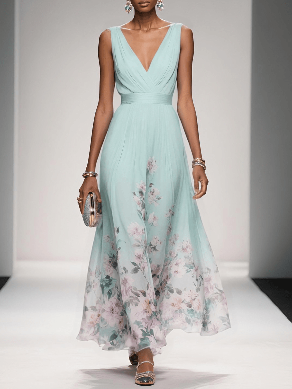 Women floral print maxi dress with V-neckline, flowing A-line silhouette