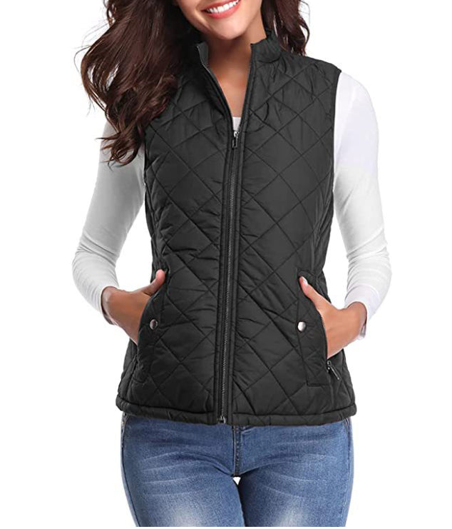 Women quilted zip front vest top stretch diamond pattern stand collar
