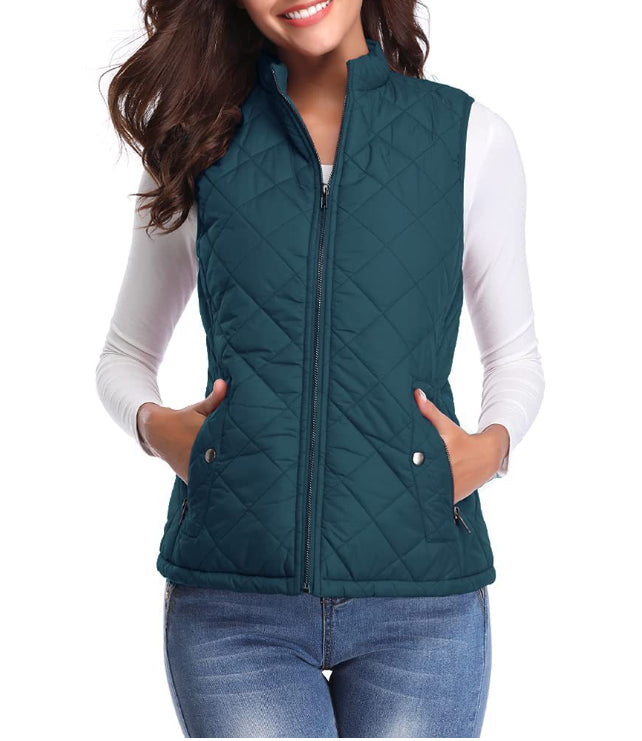 Women quilted zip front vest top stretch diamond pattern stand collar