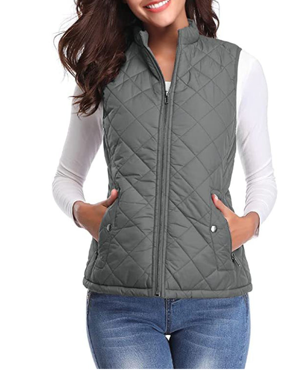 Women quilted zip front vest top stretch diamond pattern stand collar