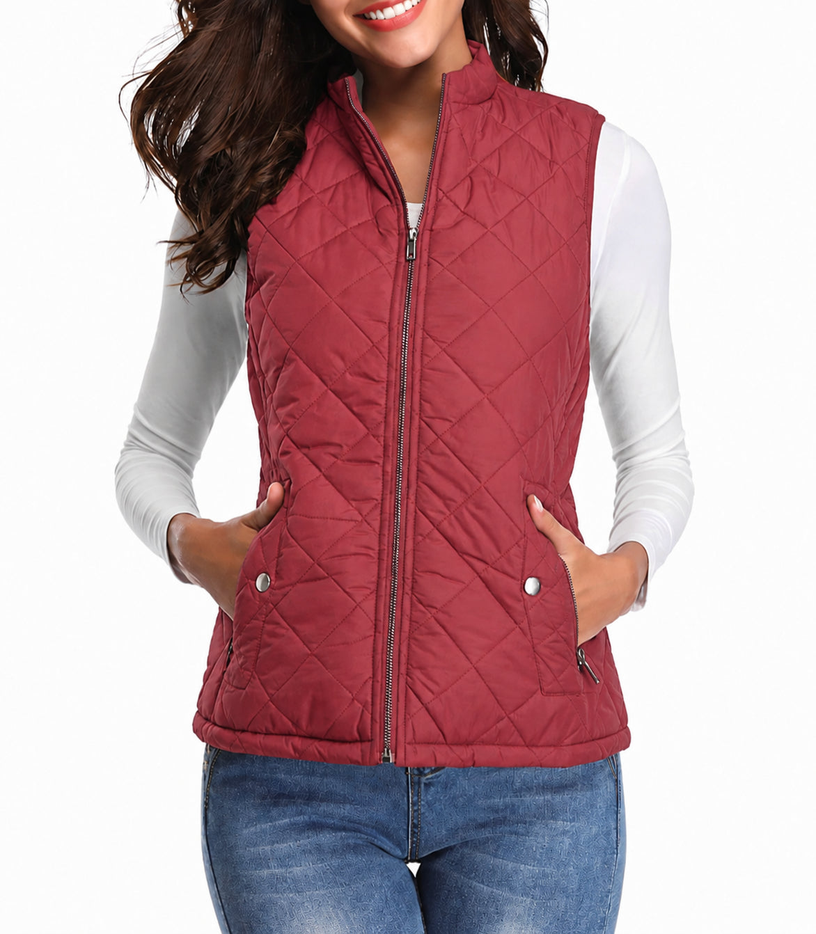 Women quilted zip front vest top stretch diamond pattern stand collar