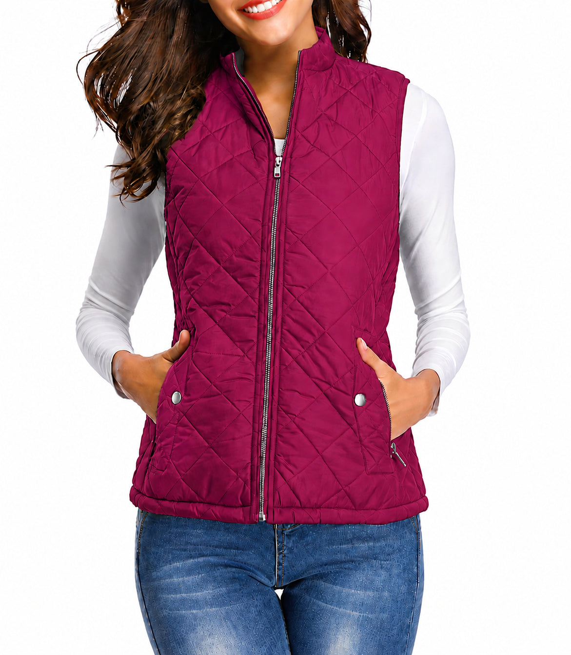 Women quilted zip front vest top stretch diamond pattern stand collar