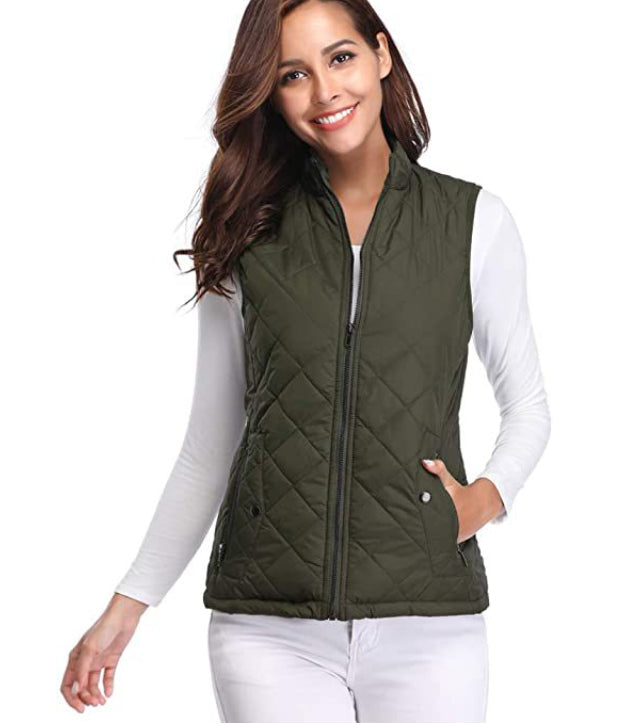 Women quilted zip front vest top stretch diamond pattern stand collar