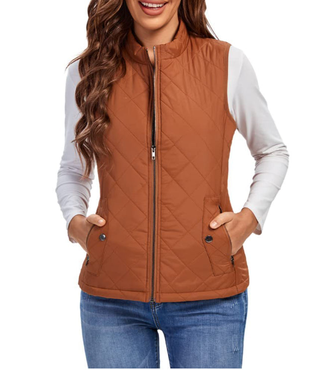 Women quilted zip front vest top stretch diamond pattern stand collar
