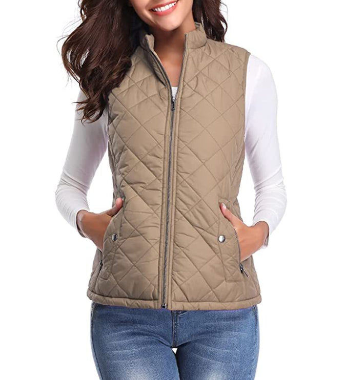 Women quilted zip front vest top stretch diamond pattern stand collar