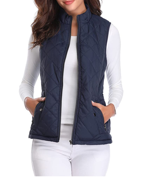 Women quilted zip front vest top stretch diamond pattern stand collar