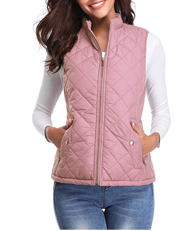 Women quilted zip front vest top stretch diamond pattern stand collar
