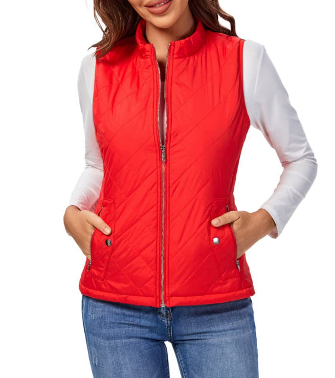 Women quilted zip front vest top stretch diamond pattern stand collar
